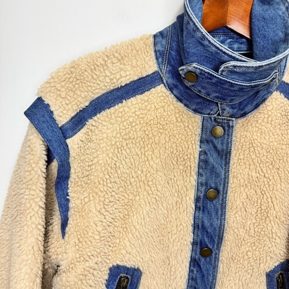Veronica Beard Potter Cropped Denim-Trim Sherpa Jacket Size Medium - Picture 4 of 15